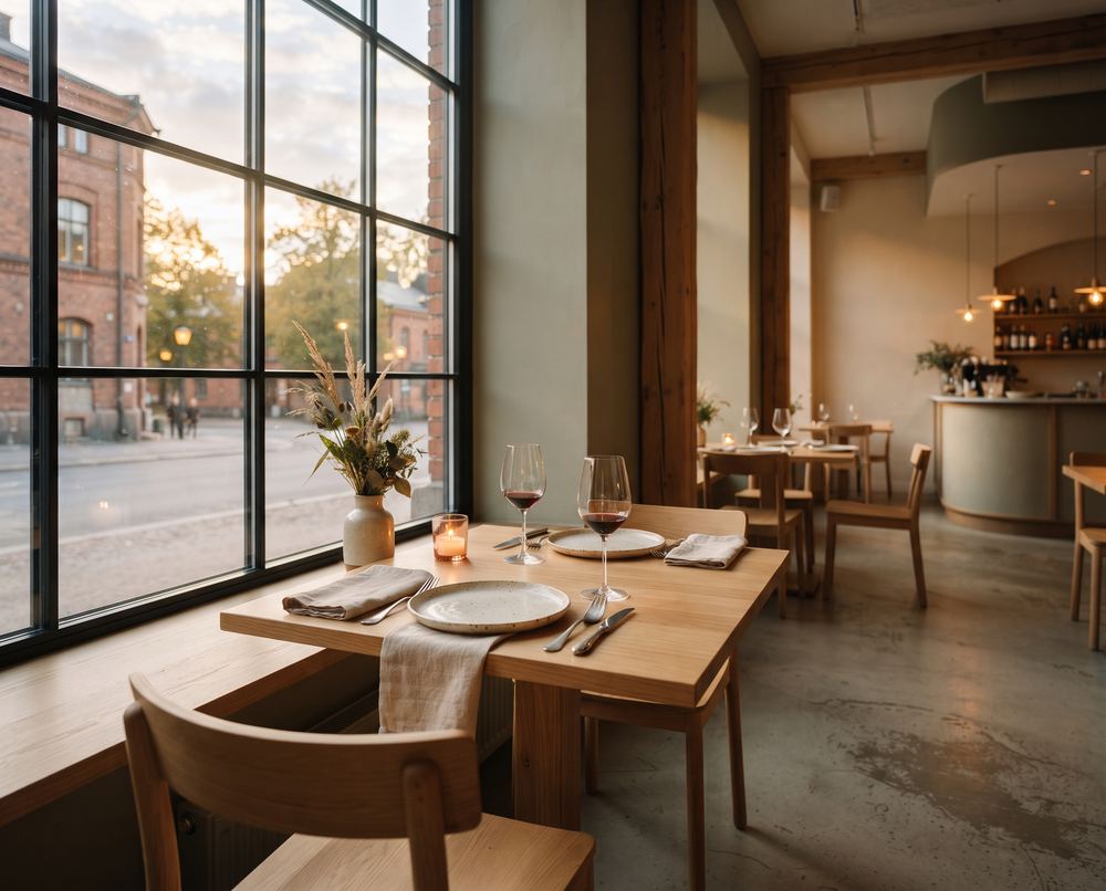 Katettu ikkunapöytä bistrossa